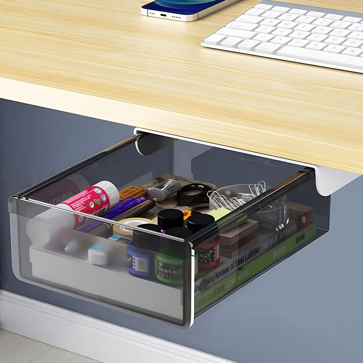 SVNNELP under Desk Table Drawer Storage Organizer Slide Out, Attachable Hidden Self-Adhesive under Desk Pencil Tray Drawer for Office/Classroom/Home (Clear Black/M)
