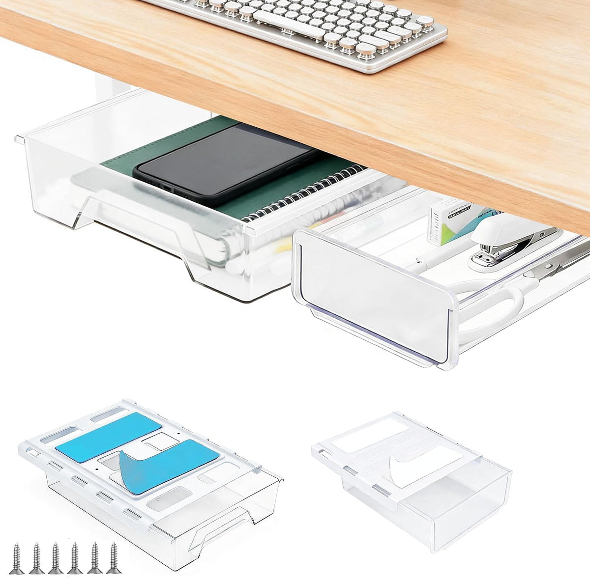 2 Pack under Desk Drawer Organizer, Self Adhesive Hidden Drawer Storage, Slide Out Desk Organizer, Space Saving Pencil & Accessories Organizer, under Table Storage for Home Office & School, Clear