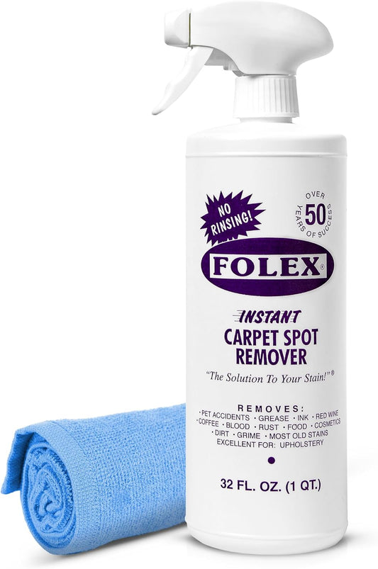 FOLEX Instant Carpet Spot Remover 32 Oz – Powerful Stain Remover for Carpets, Upholstery & Rugs – Eliminates Pet Stains, Grease, Red Wine, Food, Makeup & More – with Reusable Cleaning Cloth - 1 Pack