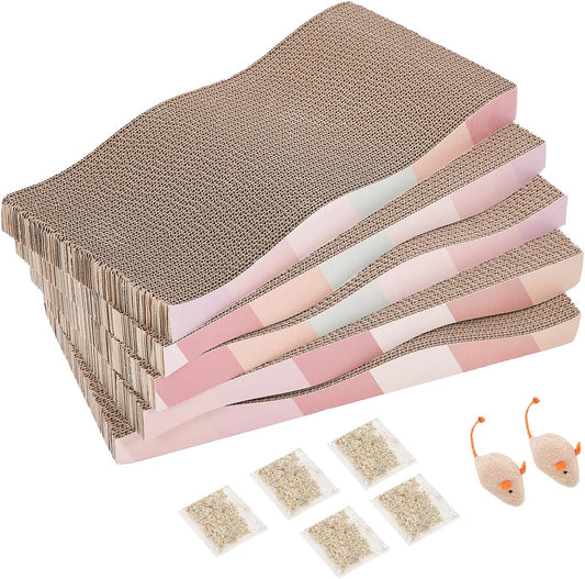 SIDAZON Cat Scratching Pads Cardboard Cat Scratchers for Indoor Cats Reversible Large Wide Corrugated with Catnip and Mini Toy(5Pcs)