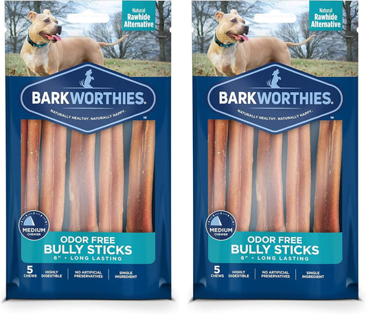 Barkworthies Odor Free Bully Sticks - 2 Pack (5 Ct 6 Inch) Premium Long Lasting, Protein-Packed, Grain Free Dog Treats and Dog Chews for Aggressive Chewers - Promotes Healthy Teeth for Dogs