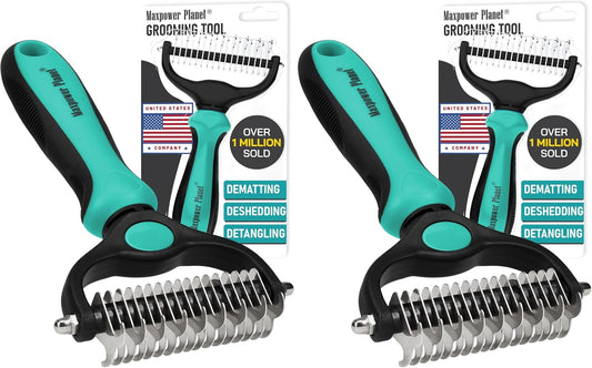 Maxpower Planet Hair Brush - Double Sided Shedding, Dematting Undercoat Rake for Dogs and Cats - Extra Wide Dog Grooming Brush, Reduce Shedding by 95%, Turquoise (Pack of 2)
