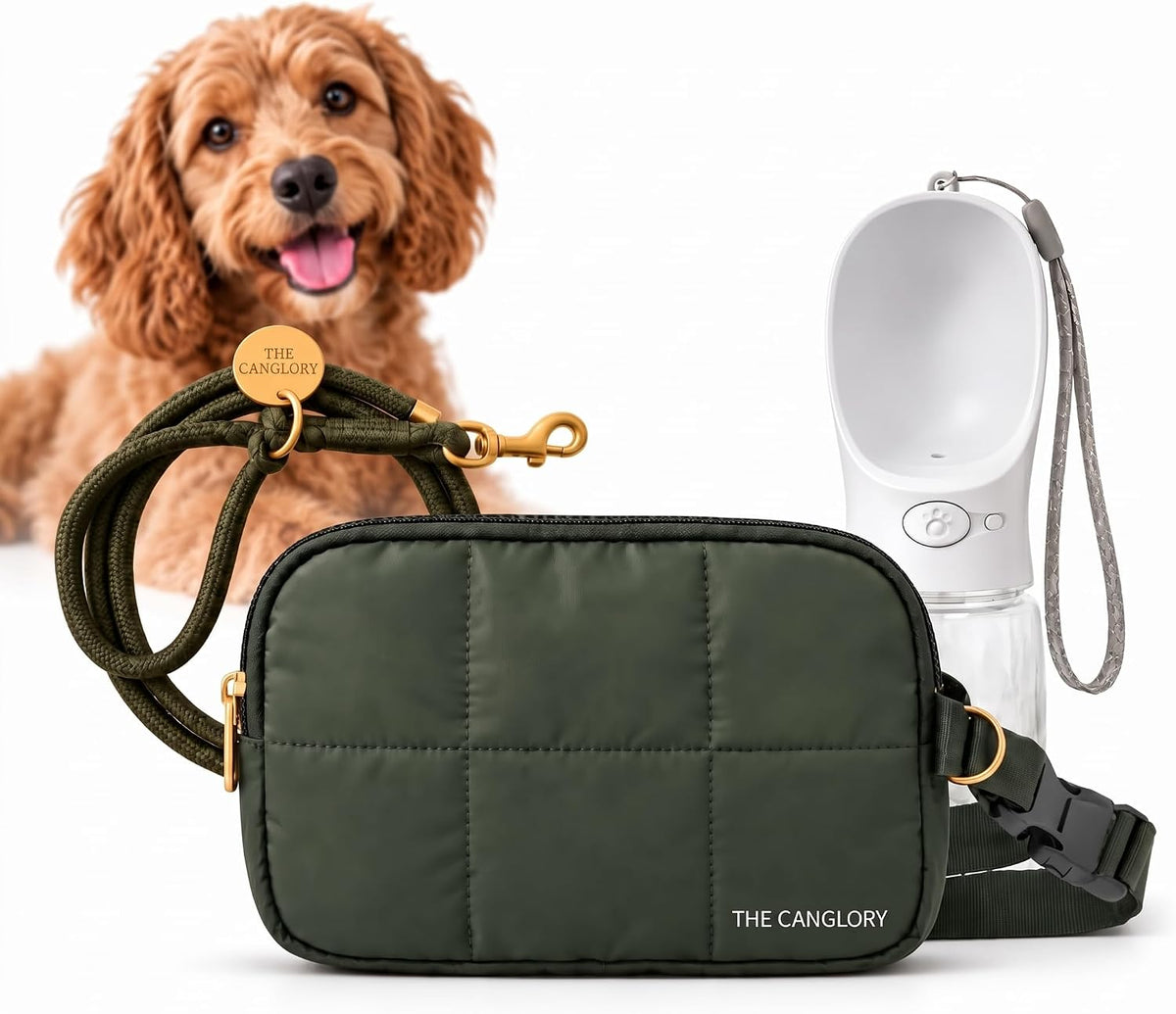 4-In-1 Dog Walking Fanny Pack Kit, Accessories Kit with Crossbody Dog Walking Bag, Hands-Free Rope Leash, 12Oz Water Bottle & Poop Bag Dispenser, Treat Pouch for Training (Olive Green)