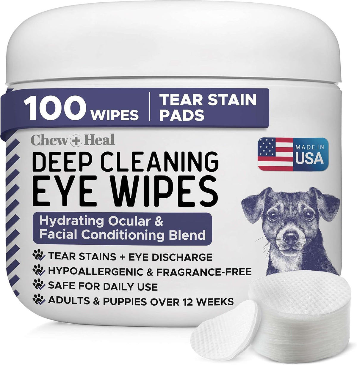 Deep Cleaning Dog Eye Wipes - 100 Dog Tear Stain Remover Pads