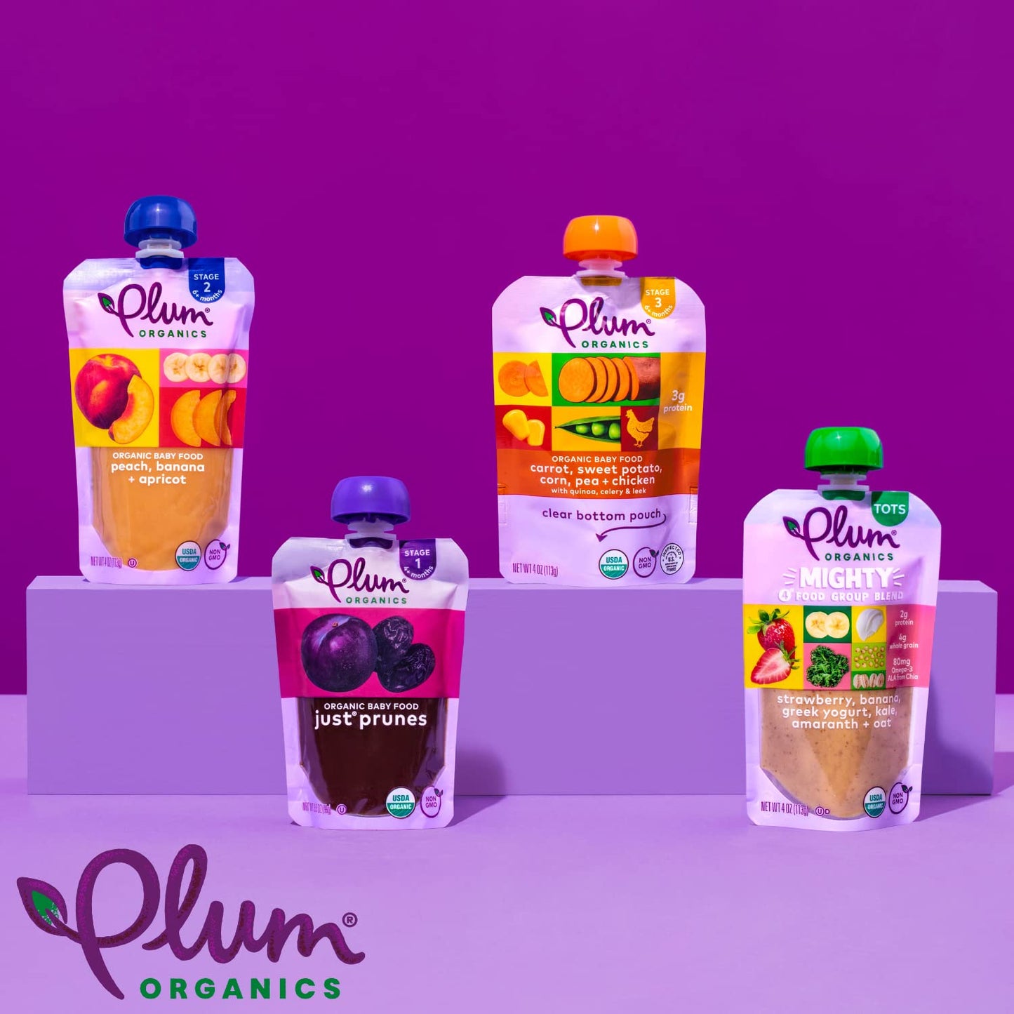 Plum Organics - 4+ Months Organic Baby Food Pouches - Just Punes - Non-Gmo - Fruit & Veggie Blends On-The-Go Pouches for Baby & Toddler Meals - Quality Tested Ingredients - 3.5 Oz (Pack of 12)