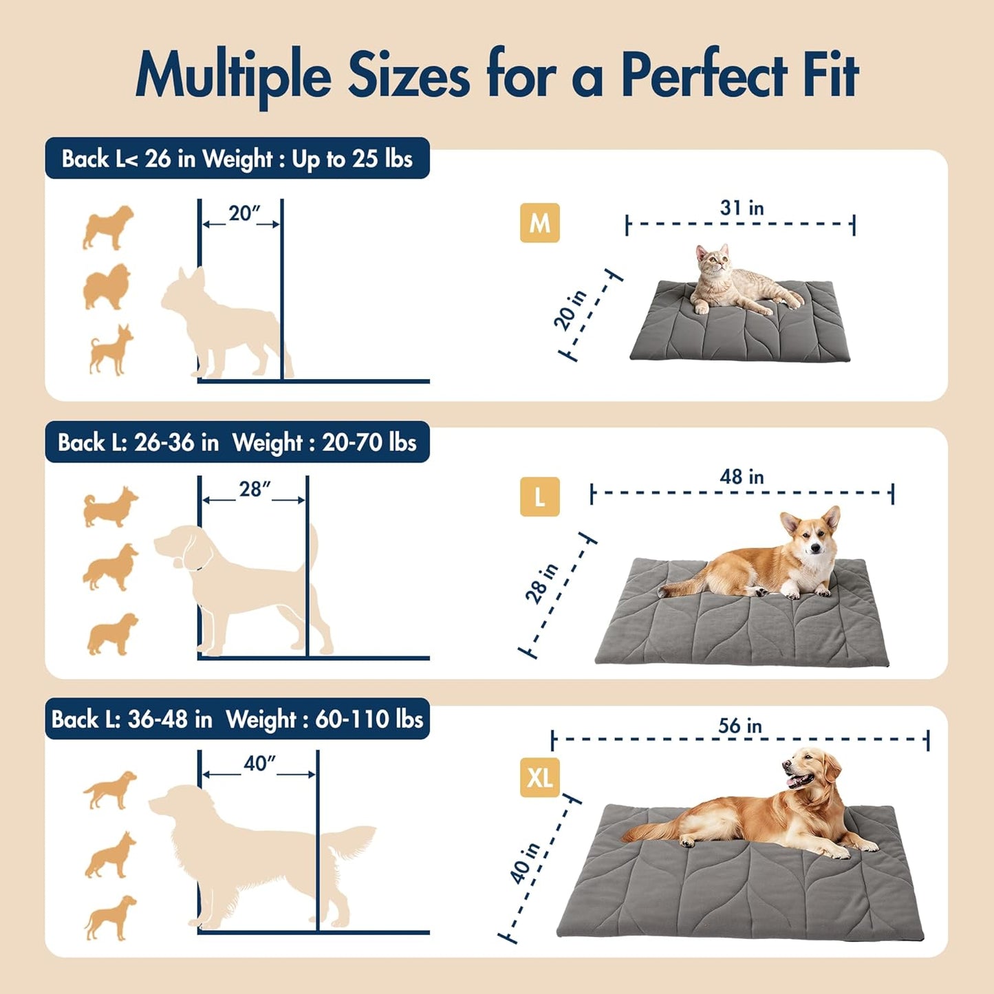 Vagascape Dog Bed, Waterproof Pet Bed with Removable Cover, Comfort Cat Dog Pad for All Seasons, Heating Khaki Rectangle Cat Mat with Nonskid Bottom