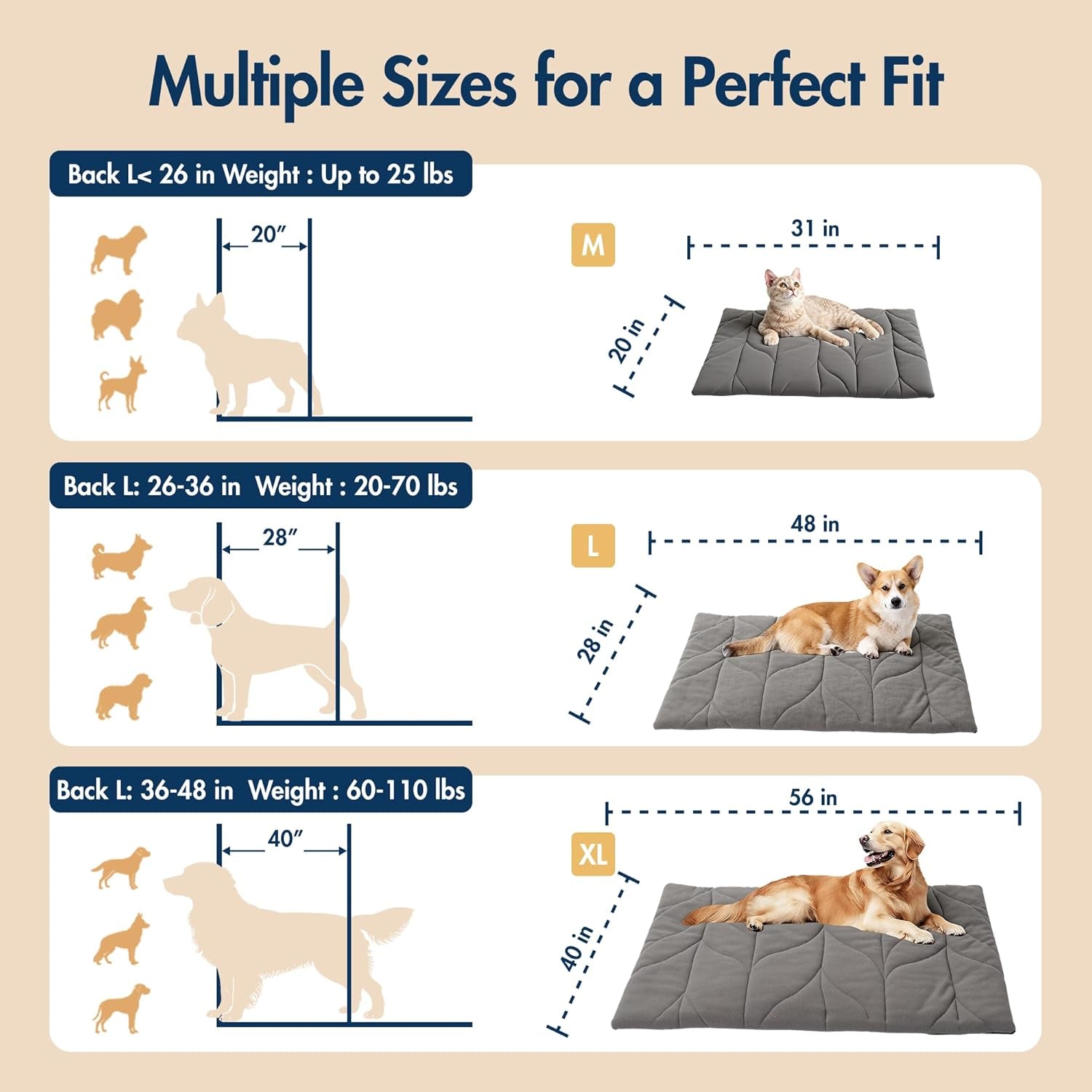 Vagascape Dog Bed, Waterproof Pet Bed with Removable Cover, Comfort Cat Dog Pad for All Seasons, Heating Khaki Rectangle Cat Mat with Nonskid Bottom
