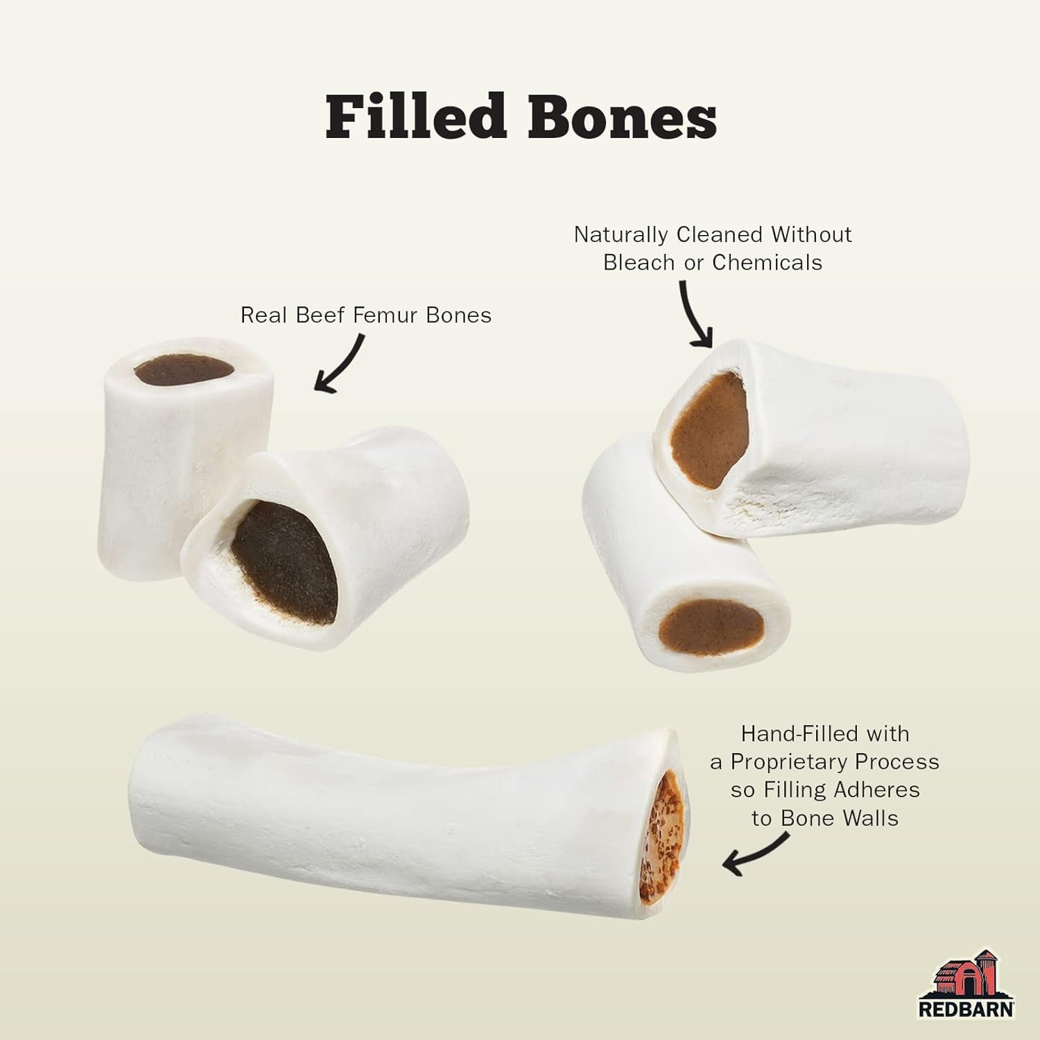 Redbarn Pet Products Large Filled Dog Bones, Cheese & Bacon Flavor - Long Lasting Stuffed Femur Chew Treat Made in USA - 4 Count - Packaging May Vary