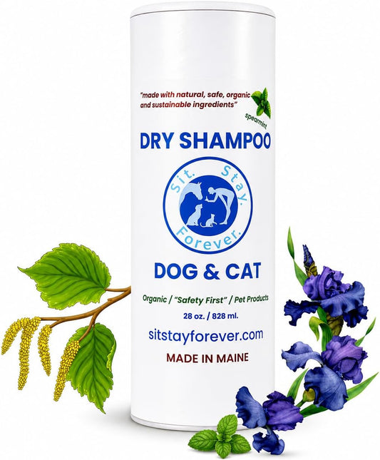 Sit Stay Forever.Dry Shampoo for Dogs & Cats – Organic Dry Powder, Waterless No-Rinse, Lick-Safe, Talc-Free, Talco Para Perros, Hypoallergenic Odor & Itch Relief, Safe for Puppies & Kittens, USA 7 Oz