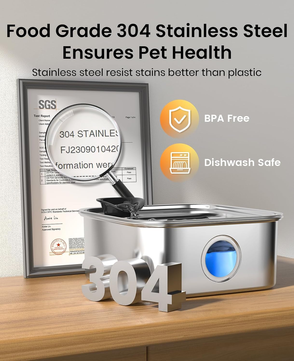 Oneisall Dog Water Fountain for Large Dogs, 10L/2.6Gal Stainless Steel Automatic Dog Water Bowl Dispenser with Deeper, Wider Drinking Area, Water Window & Triple Filtration for Large Dogs & Multi-Pet