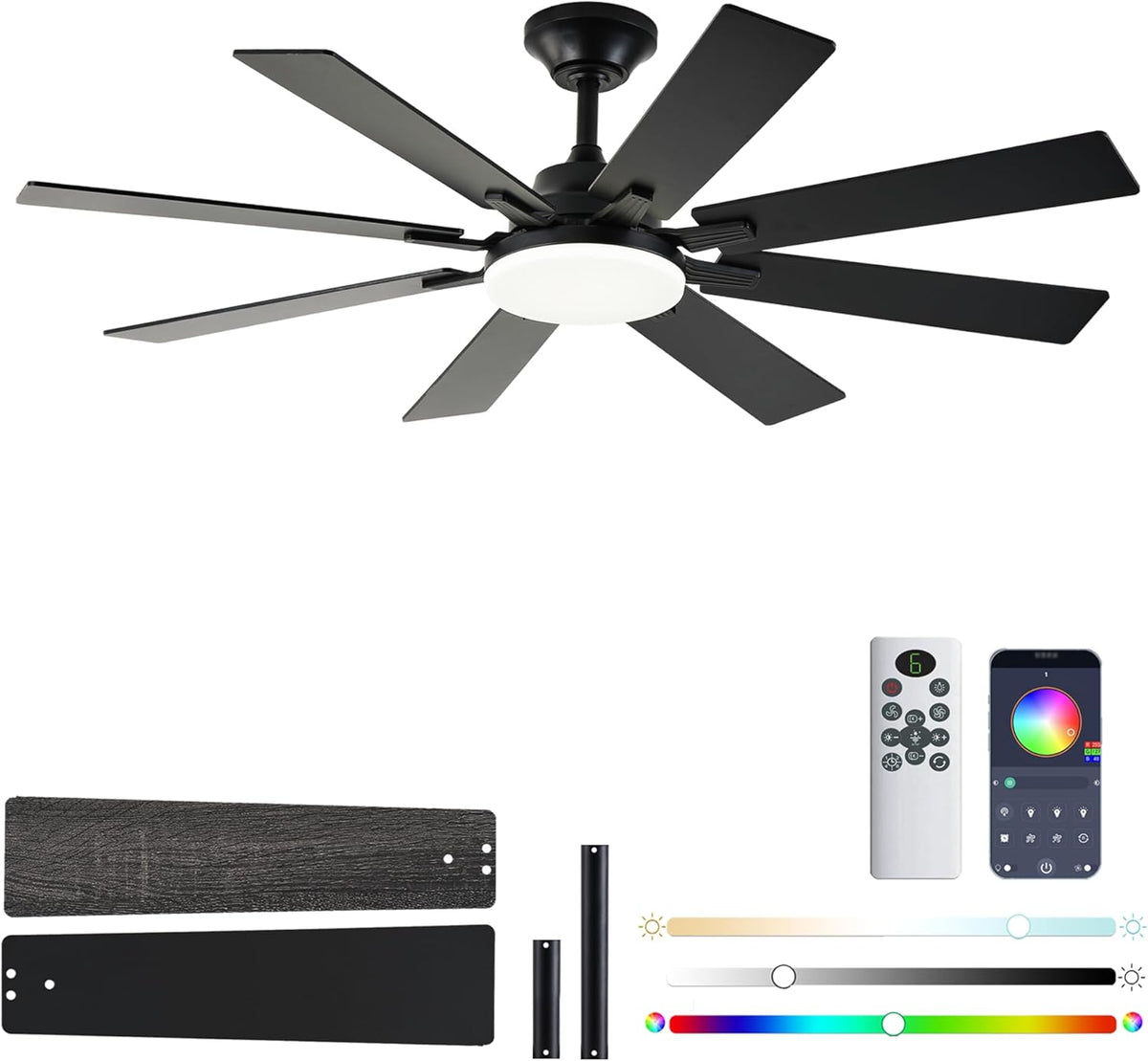 Ceiling Fan with Light & Remote Indoor/Outdoor Use 52 Inch Black