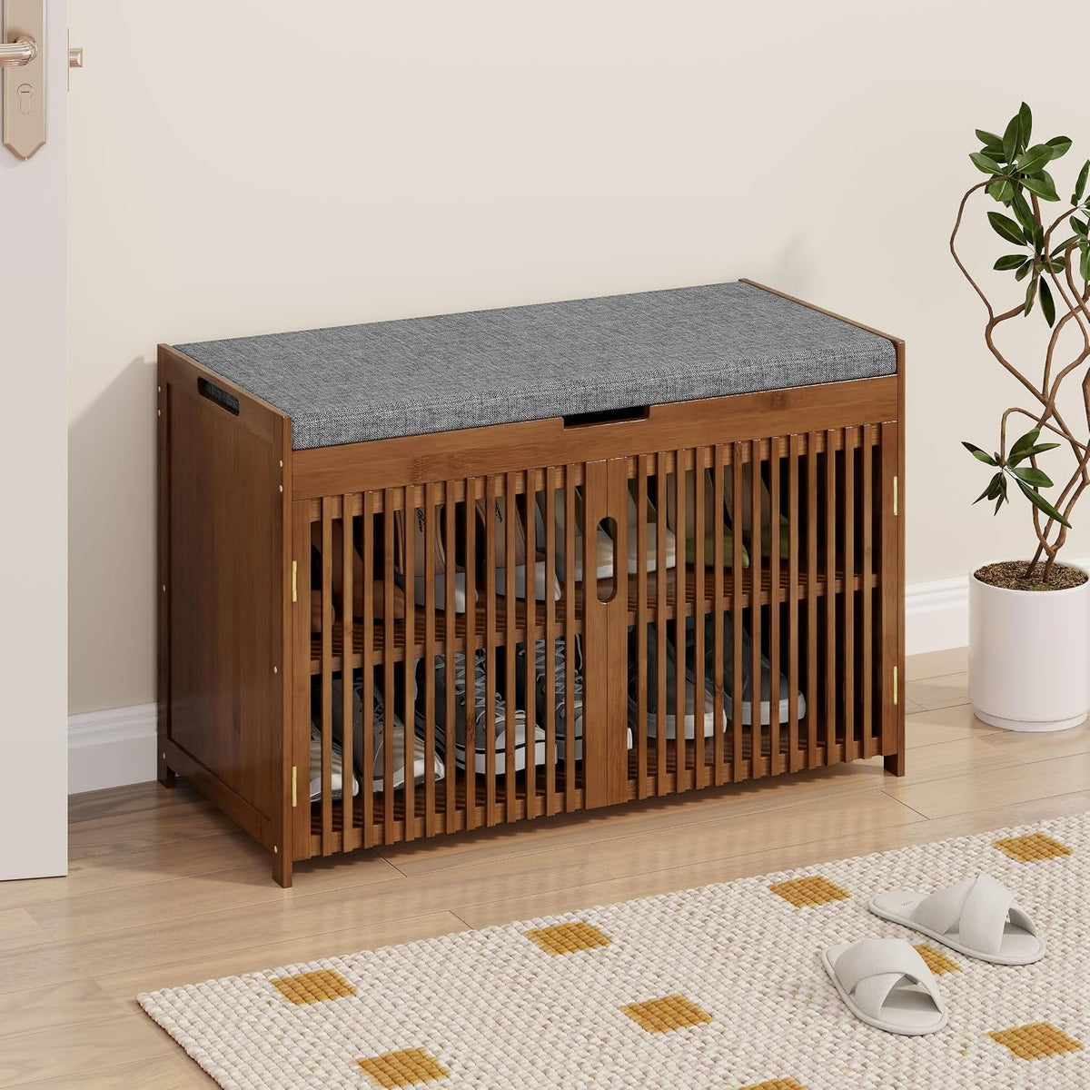 Shoe Storage Bench with Cushion, 2-Tier Bamboo Shoe Rack for Entryway