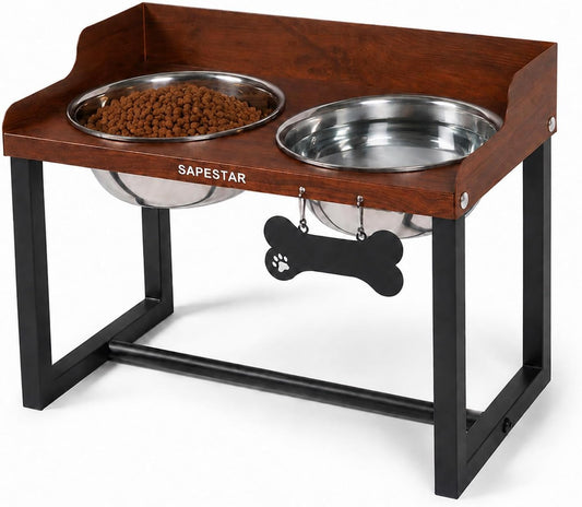 Mess Proof Elevated Dog Bowls for Medium and Large Dogs - Non-Spill Design - 10'' Tall Raised Dog Food Bowl Stand with Two 58Oz Stainless Steel Bowls. Brown