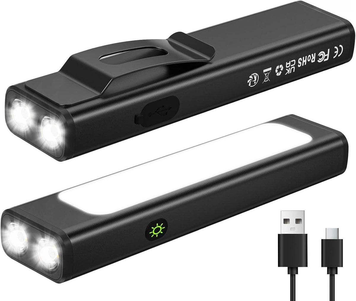Small EDC Flashlight Rechargeable, 1600 High Lumen Pocket Flash Light with Clip, 9 Modes Portable Magnetic Flat Flashlight Waterproof Compact Flashlight for Working, Camping, Emergency (2Pack)