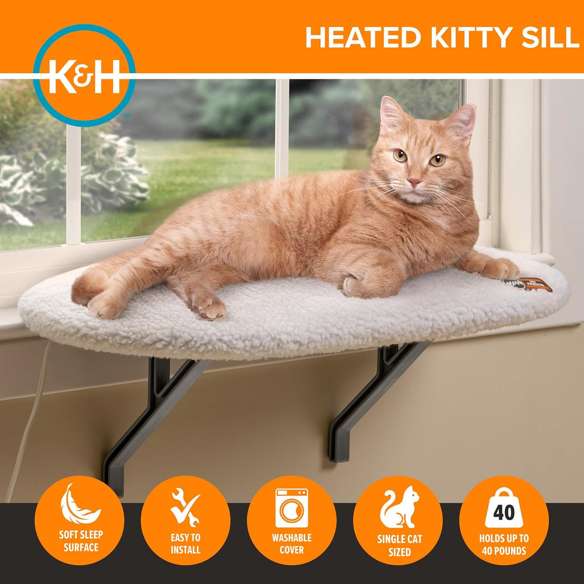 K&H Cat Window Perch, Heated Kitty Sill, Safety Listed, 24X14In, Fleece