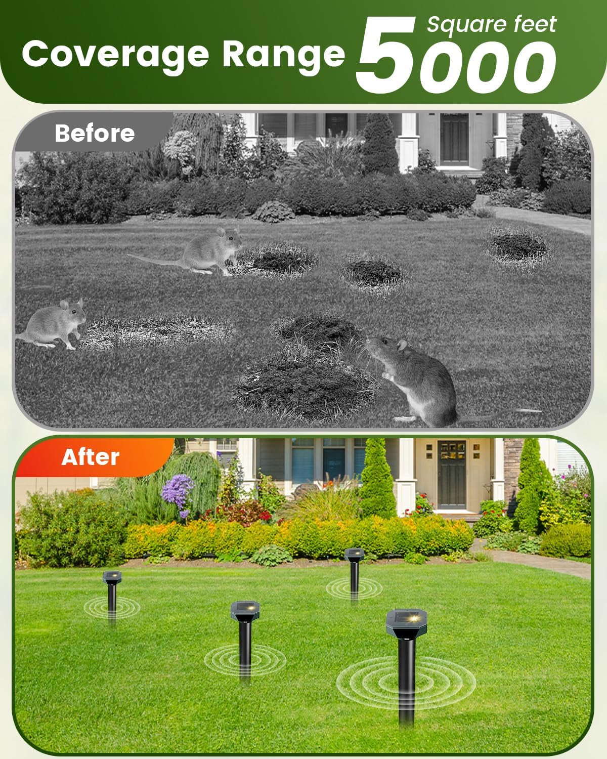 Snake & Mole & Rabbit & Skunk Repellent Solar Powered, Upgraded Ultrasonic Deterrent, IP65 Waterproof, Gopher Groundhog Chipmunk Raccoon and Vole Repellent & Deterrent for Lawn & Garden, 10 Pack