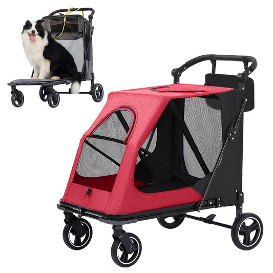 Dog Stroller for Large/Medium Dogs,Pet Stroller up to 176 Lbs,Extra Large Foldable Stroller for 2 Dogs Cats,Full-Open Sunshade Canopy,Adjustable Handle(Red)