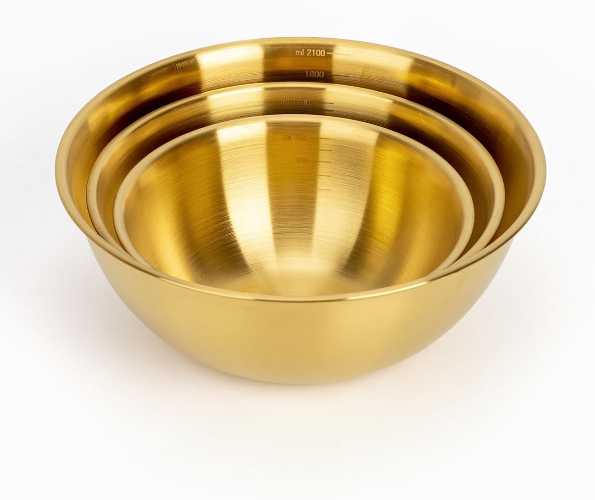 3-Set Stainless Steel Golden Mixing Bowls Set (0.74, 1.26 & 2.2 Qt) Metal Bowl Sets with Measurement Marks, Dishwasher Safe & Stackable - for Baking, Salad Making, Meal Prep and Kitchen Use