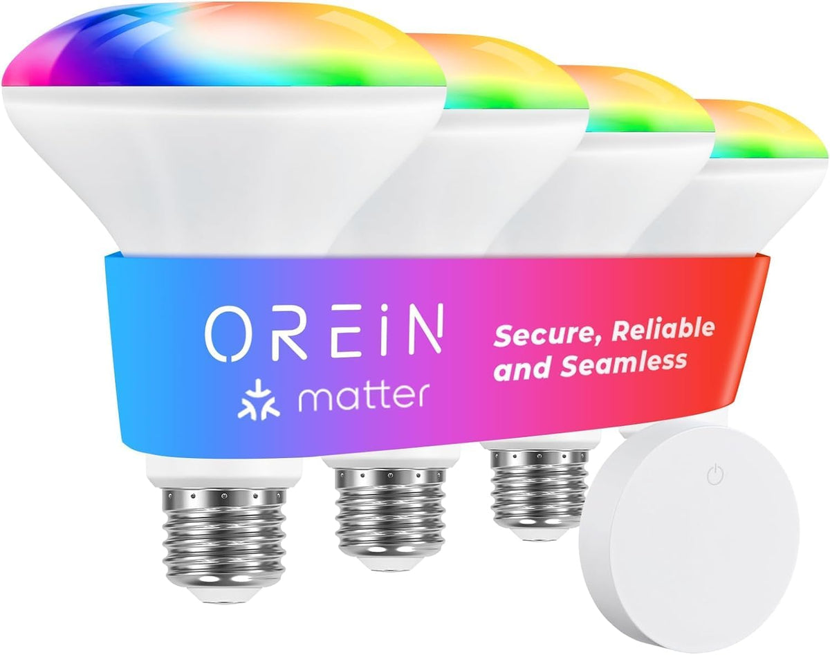 Orein Matter BR30 Smart Light Bulbs, RGBTW Flood Light Bulb, 4 Pack+Remote