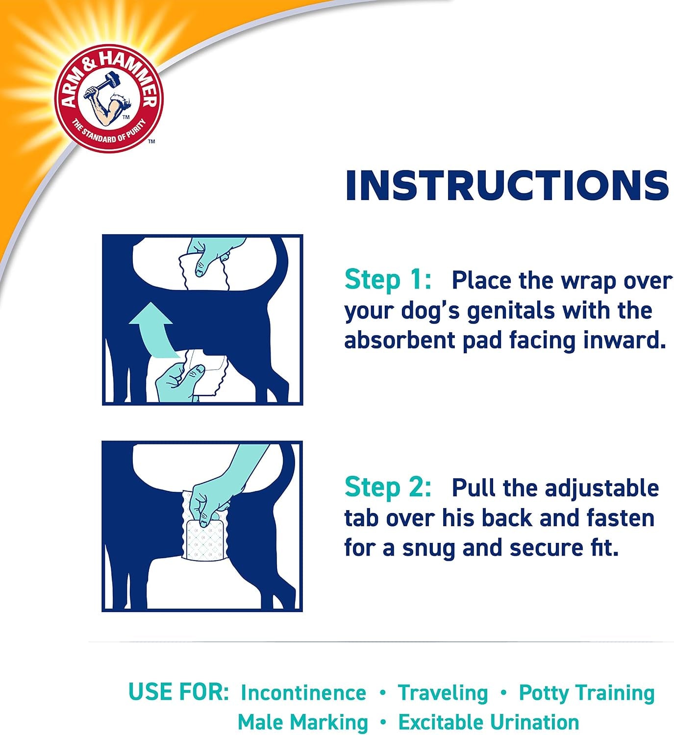 Arm & Hammer X-Small Male Dog Wraps, Disposable Belly Band Diapers with Baking Soda Odor Control, Super Absorbent Leak Resistant Design for Marking and Incontinence, 9-14 Inch Waist, 12 Count