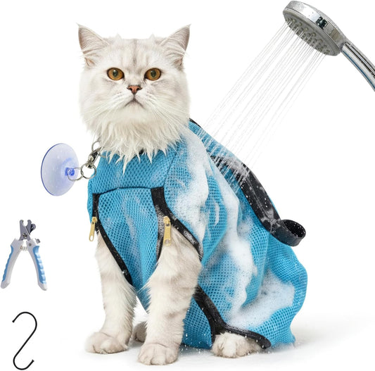 Medium 6-12 Lbs Blue Cat Bathing Bag - Double Fix with Suction Cups & Adhesive Fasteners, Anti-Escape & Scratch-Resistant, Breathable & Easy to Clean, for Bathing, Nail Trimming & Travel