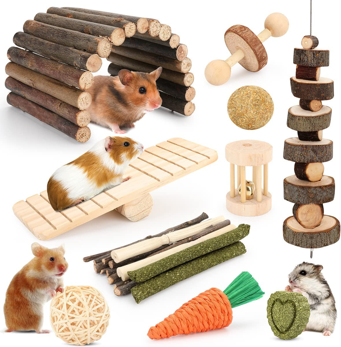 Hamster Toys Guinea Pig Toys Hamster Wheel Hamster Cage Accessories Small Animal Molar Chew Toys for Chinchillas,Gerbils,Mice,Rats,Mouse,Rabbit,Bunny Hideout Seesaw (12 Different Chew Toys)
