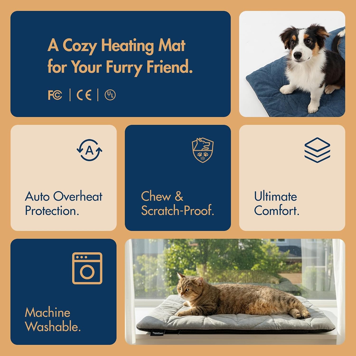 Vagascape Dog Bed, Waterproof Pet Bed with Removable Cover, Comfort Cat Dog Pad for All Seasons, Heating Khaki Rectangle Cat Mat with Nonskid Bottom