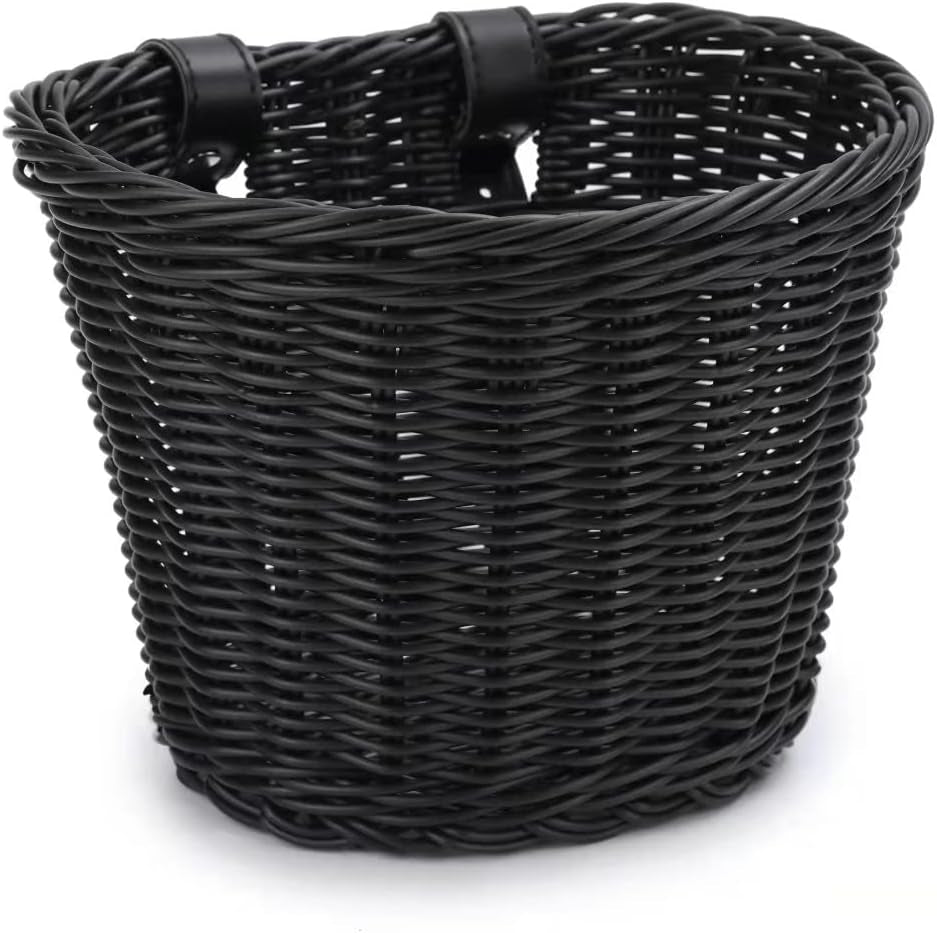Bike Basket, Front Handlebar Storage Basket with Adjustable Leather Straps, Bicycle Accessories, Hand Woven, Waterproof (Black(10 * 7.5 * 7 In))