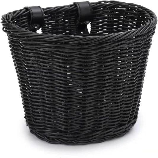Bike Basket, Front Handlebar Storage Basket with Adjustable Leather Straps, Bicycle Accessories, Hand Woven, Waterproof (Black(10 * 7.5 * 7 In))