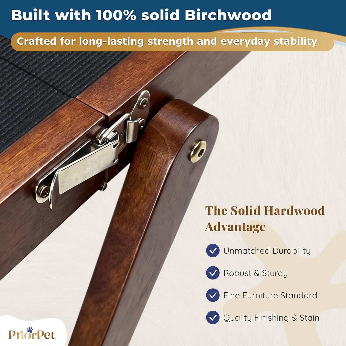 Dog Ramp for Bed - PRIORPET Birchwood Adjustable Ramp for Dogs to Get on Bed: Dog Ramps for High Beds up to 37 Inches – Foldable Ramp, Anti-Slip Grip & Safety Rails, Small Dogs up to 120Lbs – Walnut