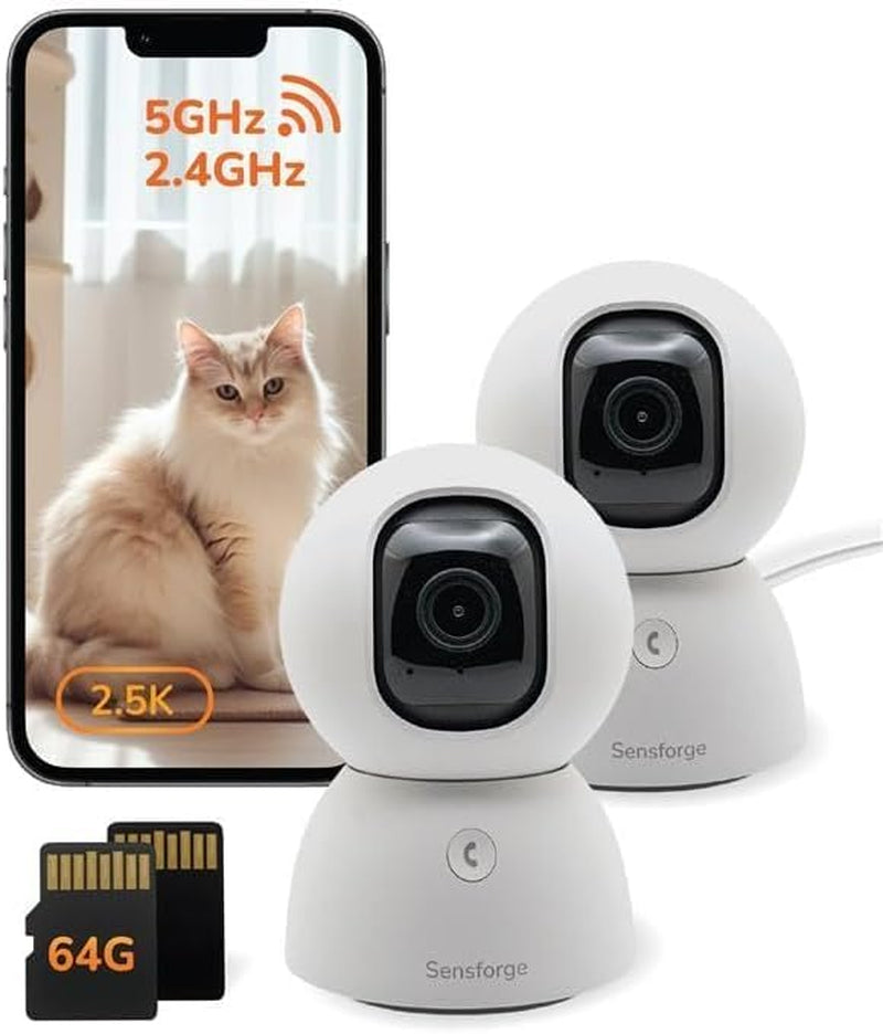 Sensforge 2.5K Indoor Pan-Tilt Security Camera, 360° Dual-Band 2.4/5Ghz Wi-Fi Camera for Home, AI Human & Pet Detection, 64GB SD Card Included, Two-Way Talk, No Subscription Required (2-Pack, White)