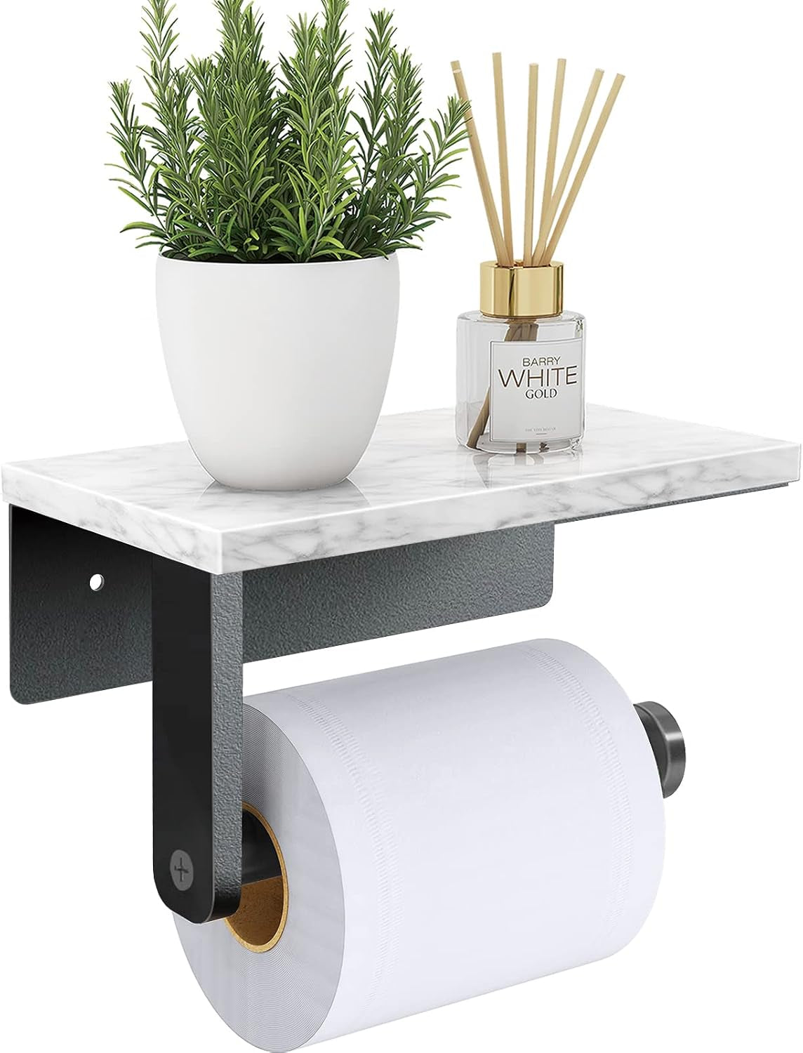 Marble Toilet Paper Holder with Shelf, Wall Mounted Matte Black