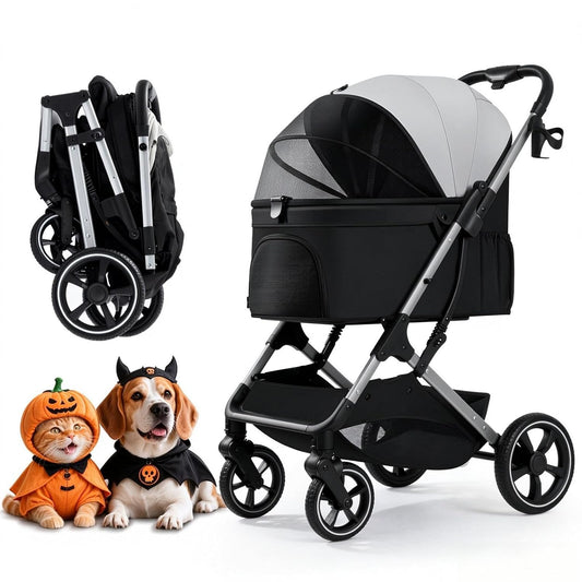 One-Click Folding Cat Dog Stroller for Small Dogs Cats up to 44Lbs, Gray