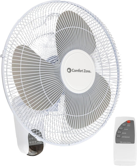 COMFORT ZONE Oscillating Wall Mount Fan with Remote Control, Timer, Auto Shut Off, Adjustable Tilt, Quiet, 16 Inch, 3 Speed, Ideal for Home, Bedroom, Gym & Office, Airflow 14.07 Ft/Sec, CZ16WR