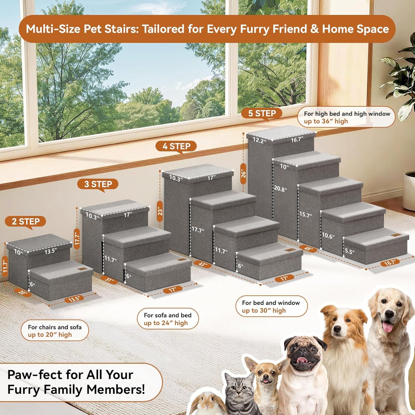 Zerbuger Wider Dog Ramp for High Bed with Storage 18" H, Foldable Dog Stairs for Small Medium Large Older Senior Animal, Sturdy Dog Step for Climbing Bed or Couch, Arthritis-Friendly (Gray, No Condo)
