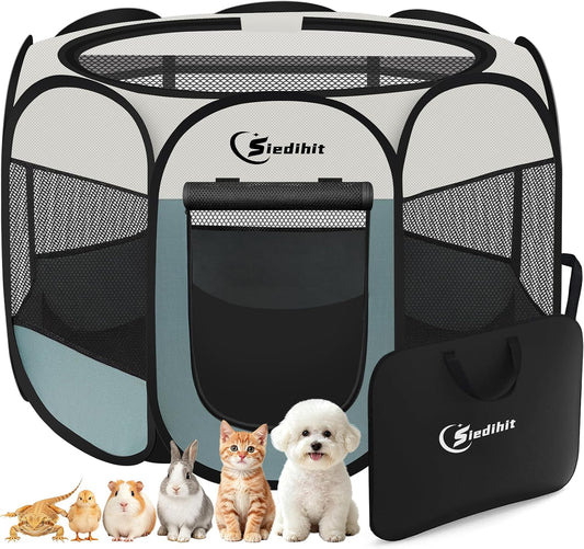 Siedihit Dog Cat Playpen, Puppy Pet Playpen Indoor for Small Dog Crate Tent Cage Outdoor, Portable Pop up Dogs Enclosure Kennel with Carrying Case for Dogs/Cats/Rabbits(Grey, Small