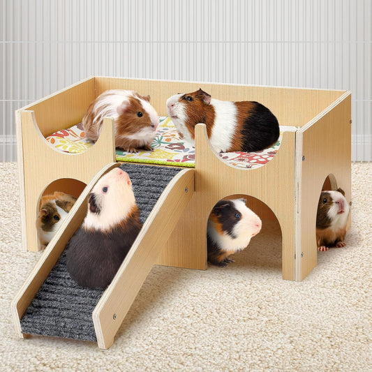 MEWTOGO Upgraded Sturdy Wooden Guinea Pig Castle with Stairs & Mat