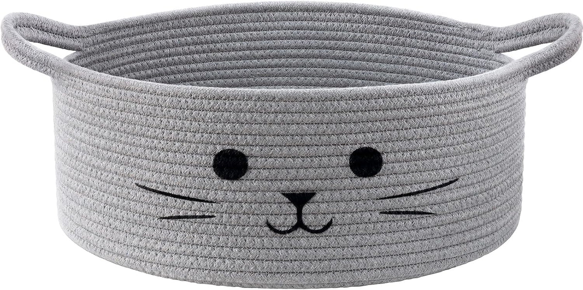 Medium Woven Rope Cat Toy Basket with Cat Face, Grey