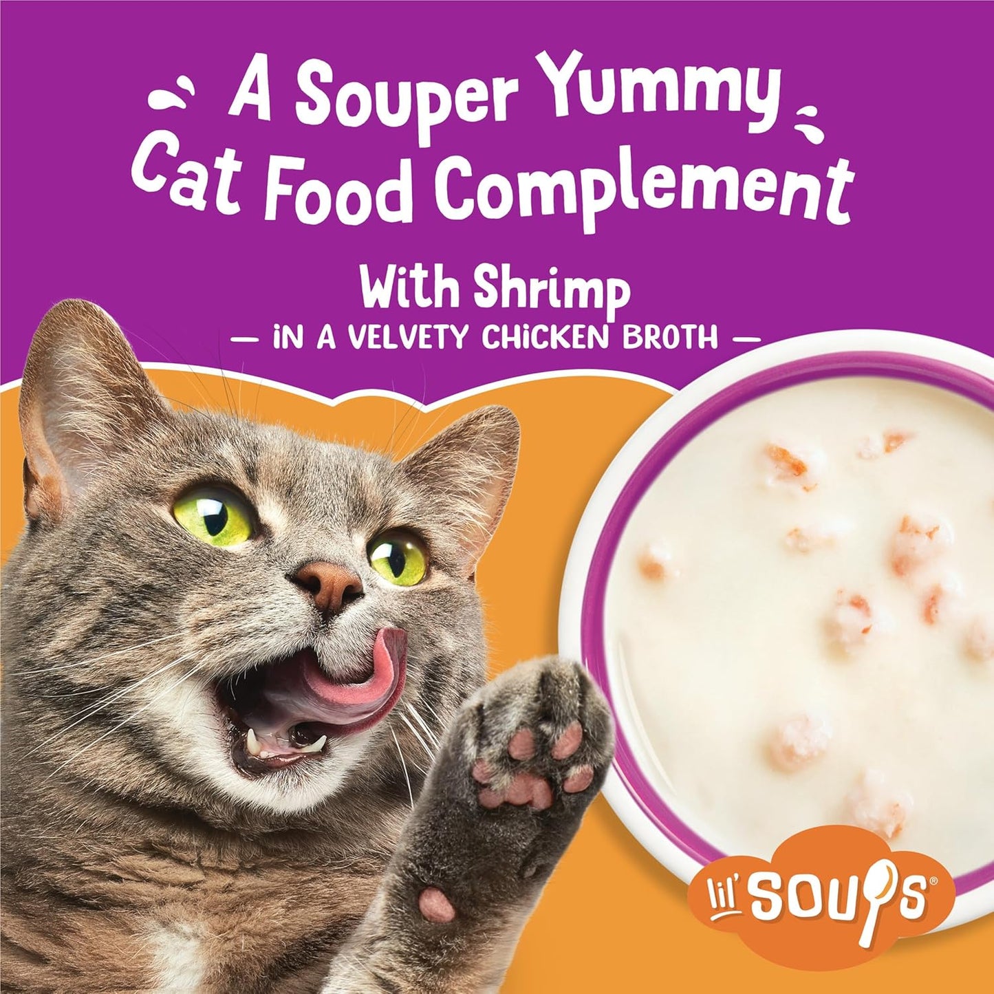 Purina Friskies Grain Free Lickable Cat Food Toppers Lil’ Soups with Shrimp in a Velvety Chicken Broth - (Pack of 8) 1.2 Oz. Cups