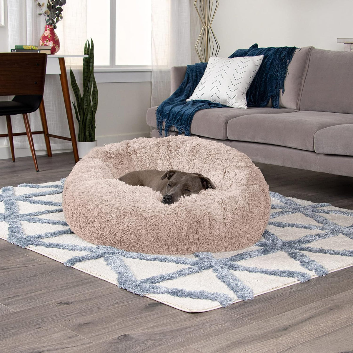 Furhaven 36" round Calming Donut Dog Bed for Large/Medium Dogs, Refillable W/ Removable Washable Cover, for Dogs up to 75 Lbs - Shaggy Plush Long Faux Fur Donut Bed - Taupe, Large