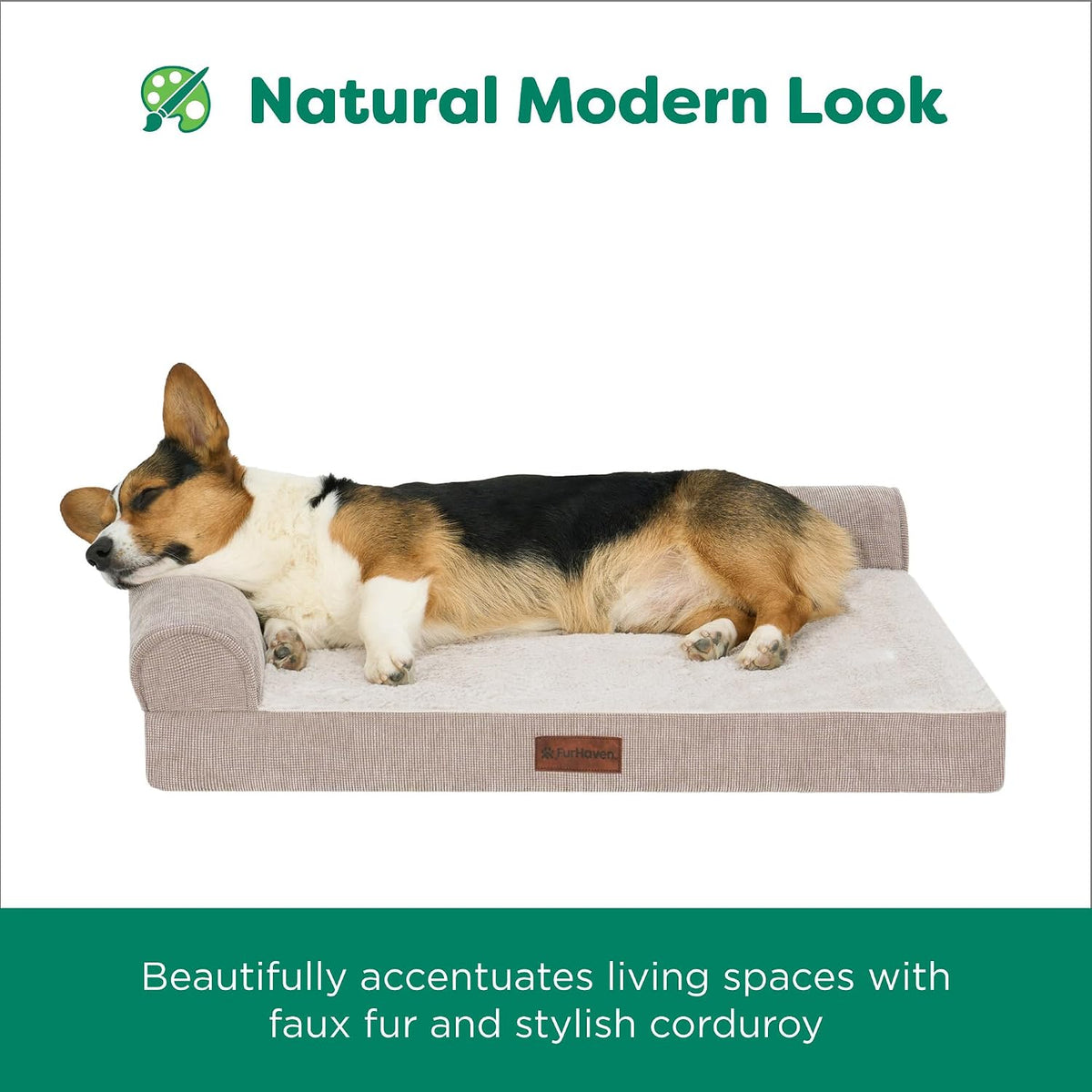 Furhaven Jumbo plus (53"X40") Cooling Gel Dog Bed – Plush & Grid Cord L-Shaped Chaise Lounge Pet Bed, Removable Washable Cover, Mink