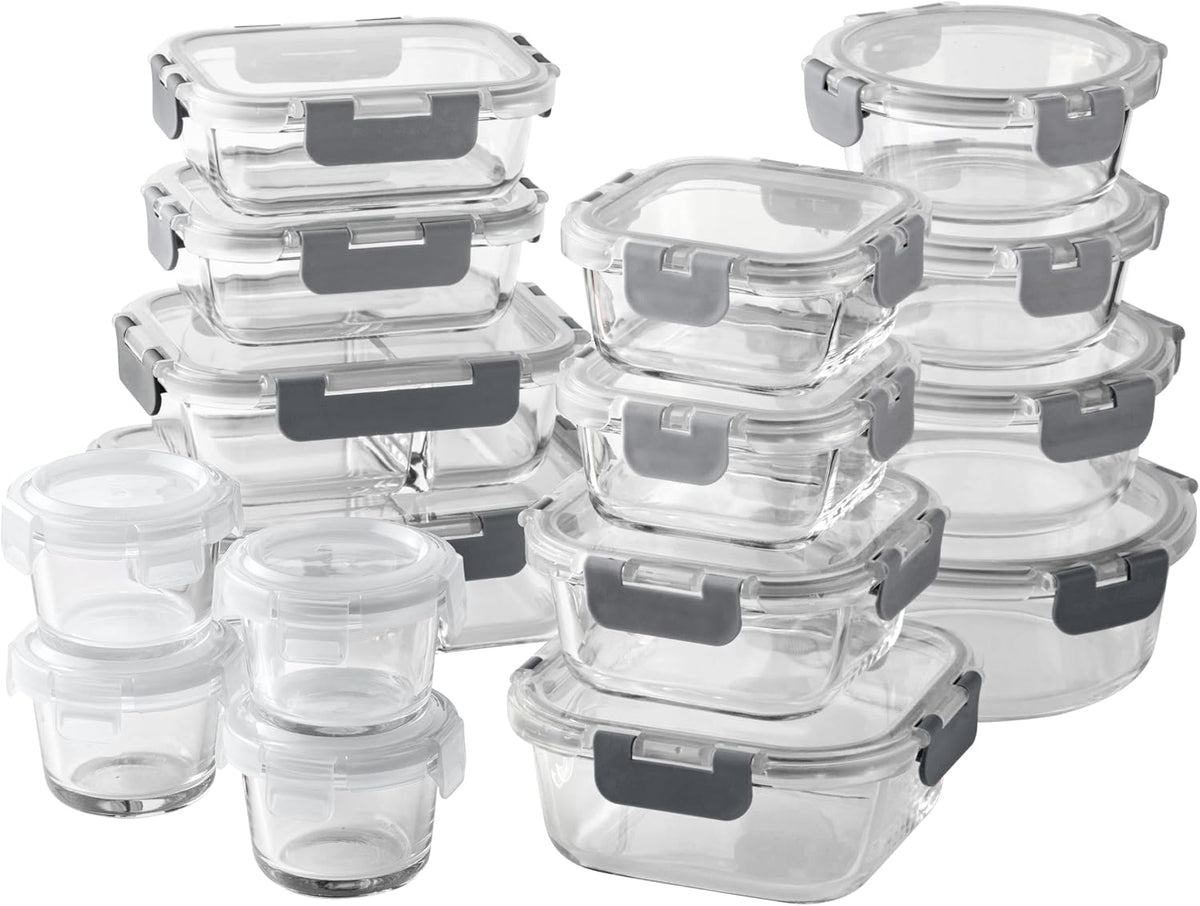 COOK with COLOR Premium 32-Pc. Borosilicate Glass Food Container Set with Dividers - 4 Rectangles, 8 Rounds, 4 Squares - Leakproof Lids - Meal Prep, Storage, Ombre Grey