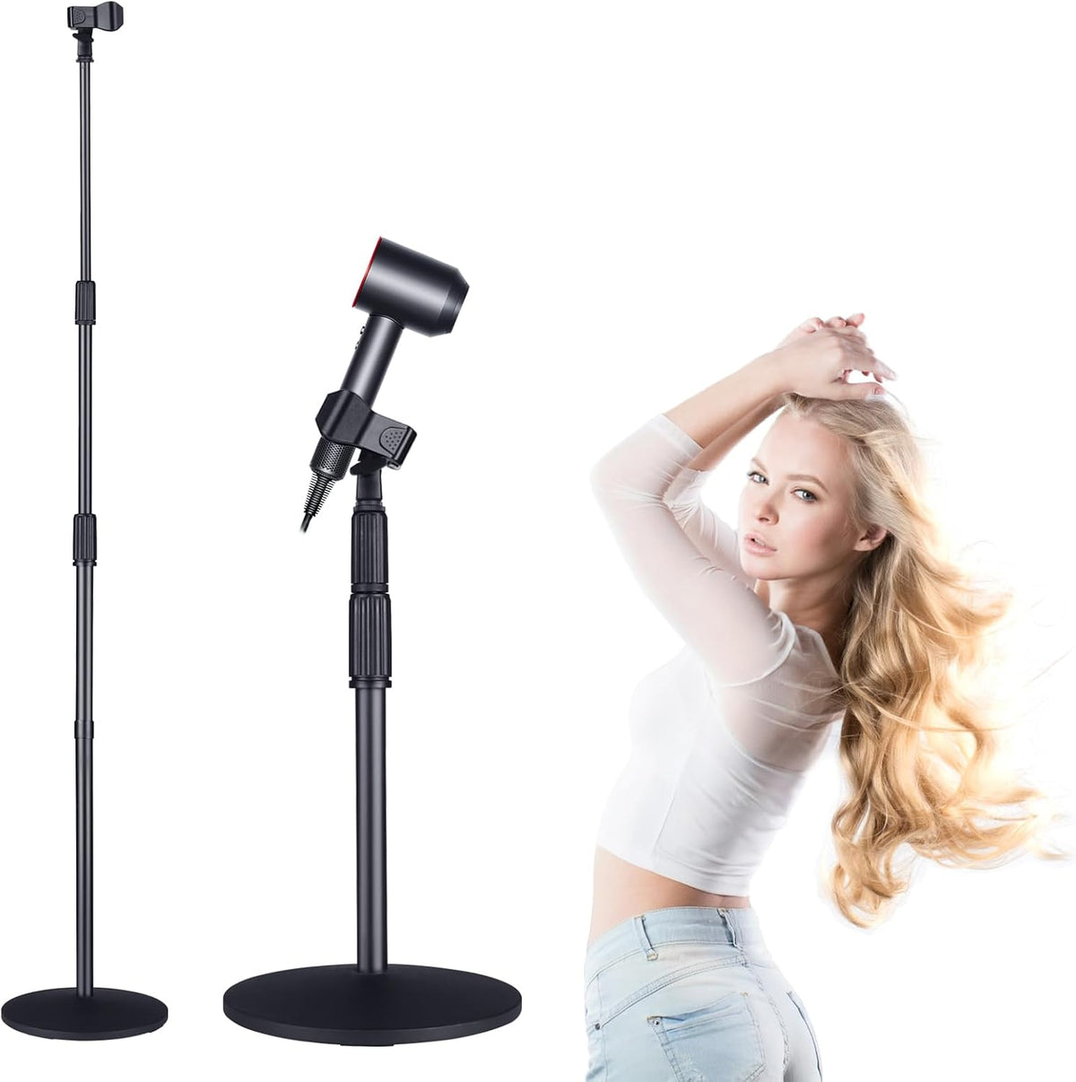Hands Free Hair Dryer Stand with Heavy Duty Floor Stand, 180 Rotatable Holder - Height Adjustable up to 150Cm