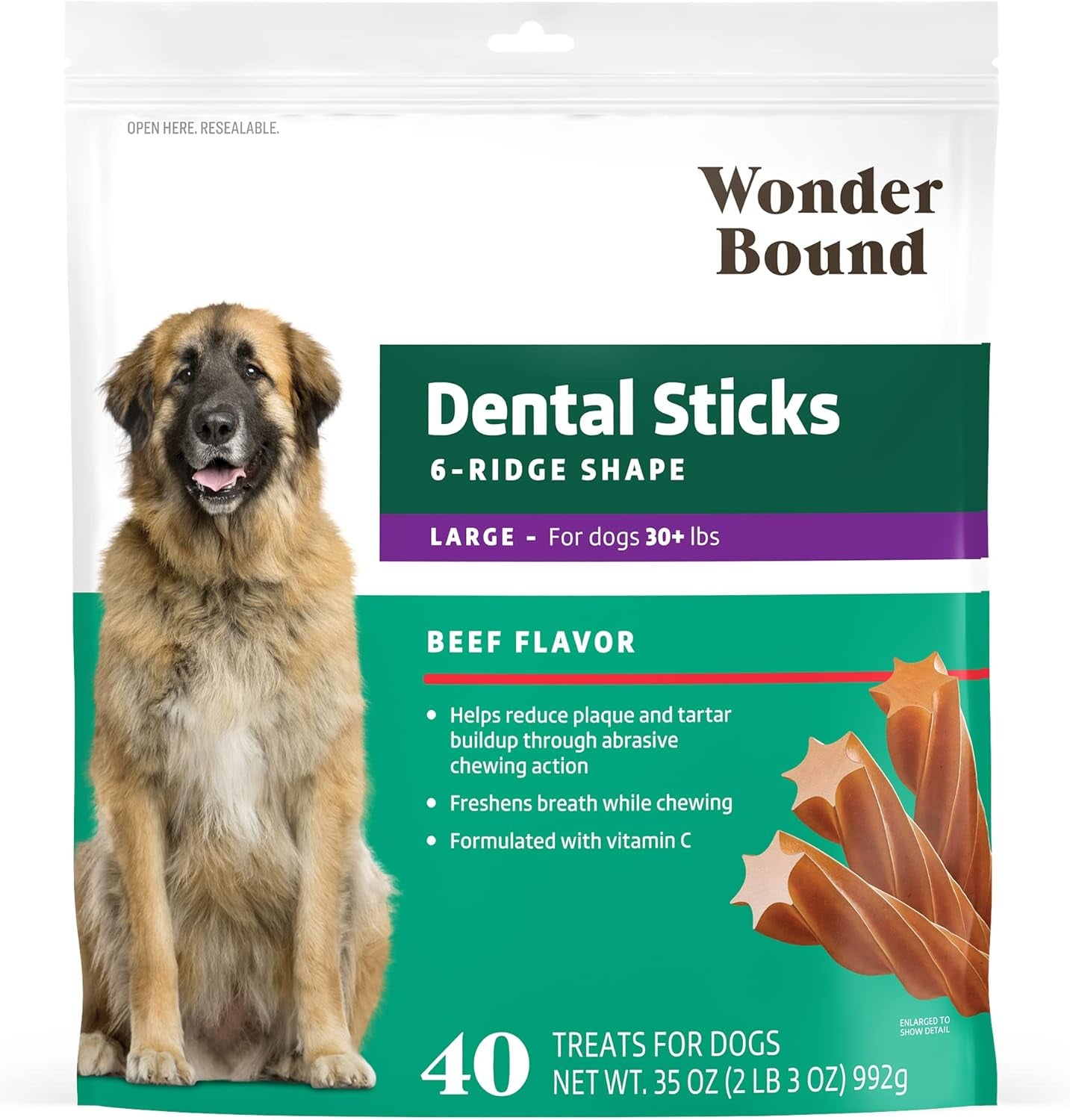 Amazon Brand - Wonder Bound Beef Flavor Dental Sticks for Large Dogs (Over 30 Lbs), 6-Ridge Shape for Plaque & Tartar Control, Freshens Breath, Formulated with Vitamin C, 40 Count (Pack of 1)