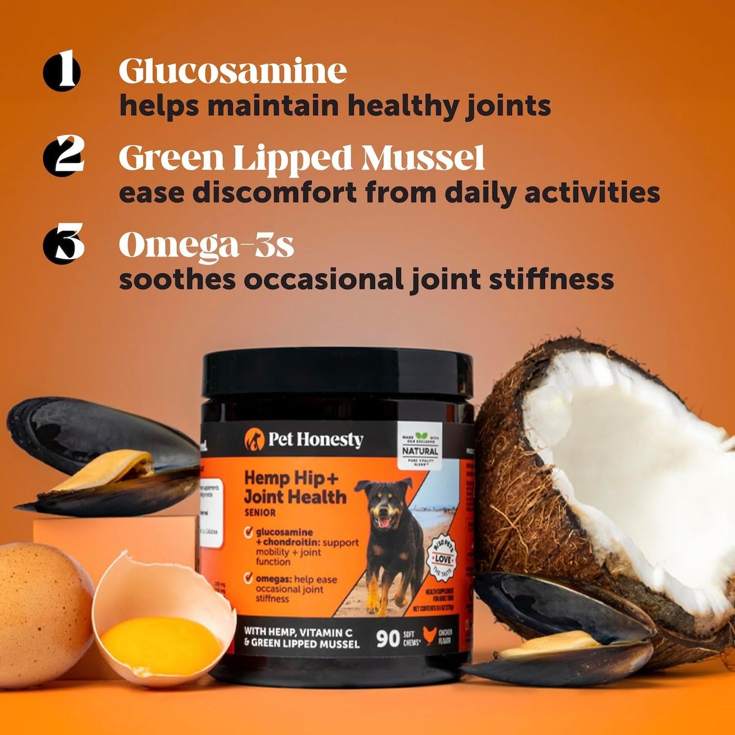 Senior Hemp Hip and Joint Supplement for Dogs - Glucosamine Chondroitin, MSM & Green Lipped Mussel - Relief for Joint Stiffness, Advanced Strength Mobility Support for Senior Dogs (Chicken, 90 Ct)