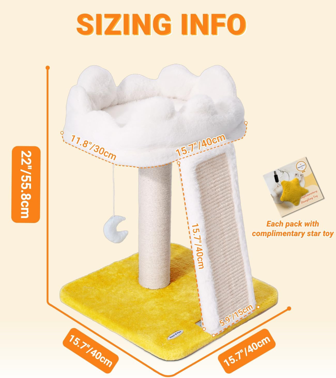 Happi N Pets Cat Tree, Cloud Cat Tower with Soft Bed, Cat Scratching Post & Pad with Larger Perch for Window Viewing, Small Cat Tree with Cute Toys, Bonus Catnip