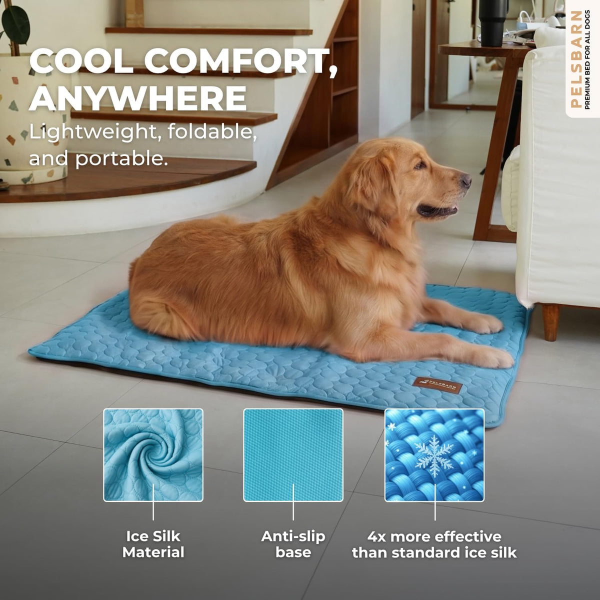 Pelsbarn Dog Cooling Mat, Ice Silk Self-Cooling Pad, Light Blue, XL
