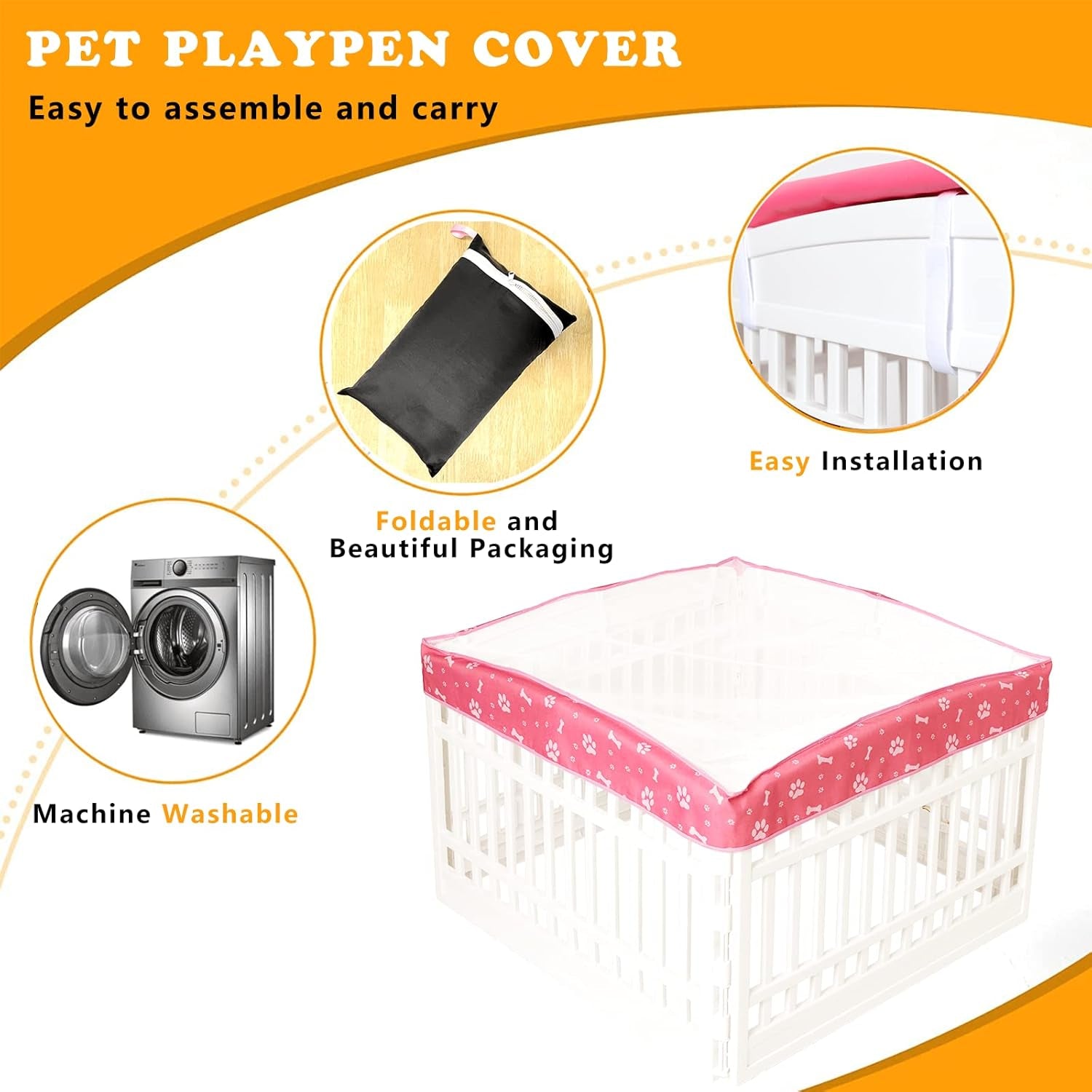 Dog Playpen Mesh Top Cover for 36" Inch Pet Playpen with 4 Panels,[ Note: Playpen Not Included] Dog Crate Cover Pet Tent Puppy Play Pen Cover, Ideal for Indoor/Outdoor Use. (Pink)