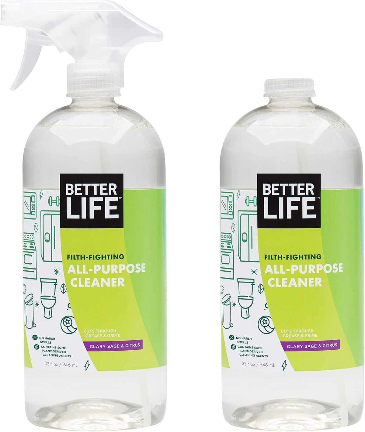 Better Life All Purpose Cleaner - Multipurpose Home and Kitchen Cleaning Spray for Glass, Countertops, Appliances, Upholstery & More - Multi-Surface Spray Cleaner - 32Oz (Pack of 2) Clary Sage/Citrus
