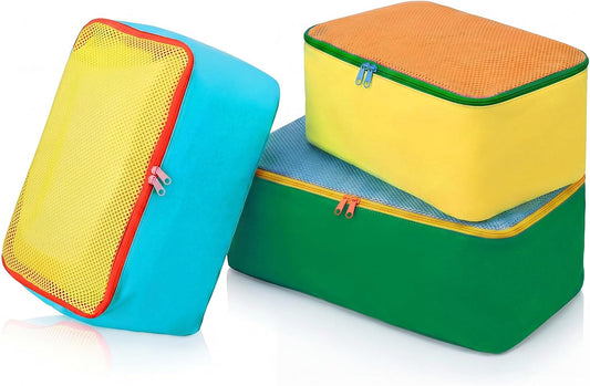 SATINIOR 3 Pcs Colorful Packing Cube 1 Large 13.7 X 7.8 X 5.7 and 2 Small 11 X 7.5 X 5.7 Nylon Travel Mesh Storage Bag Zippered Waterproof for Summer Camp Luggage Organize